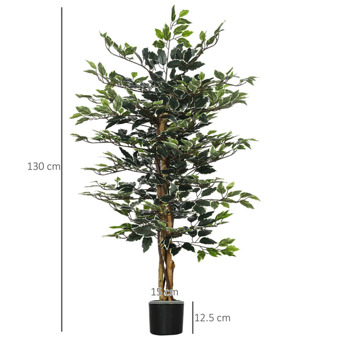 Artificial Ficus Tree in Pot, 130cm Tall Fake Plant with Lifelike Leaves and Natural Trunks, for Indoor Outdoor, Green