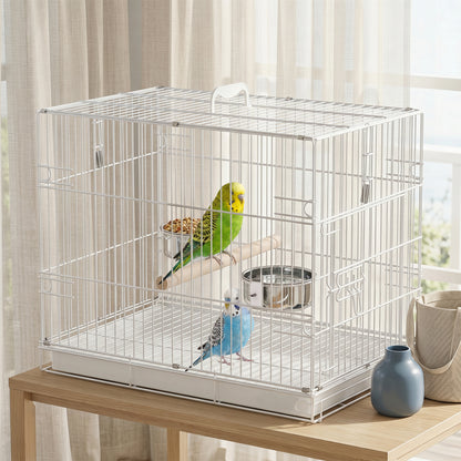 Foldable Bird Cages, Metal Parrot Cage with Wooden Perch, 2 Bowls and Top Handle for Cockatiels, Parakeets, Finches, 49 x 31 x 40 cm, White