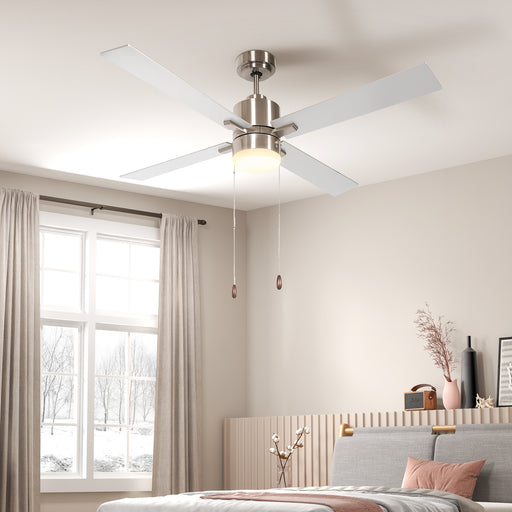 Ceiling Fan with LED Light, Flush Mount Ceiling Fan Lights with Reversible Blades, Pull-chain, Silver and Natural Tone