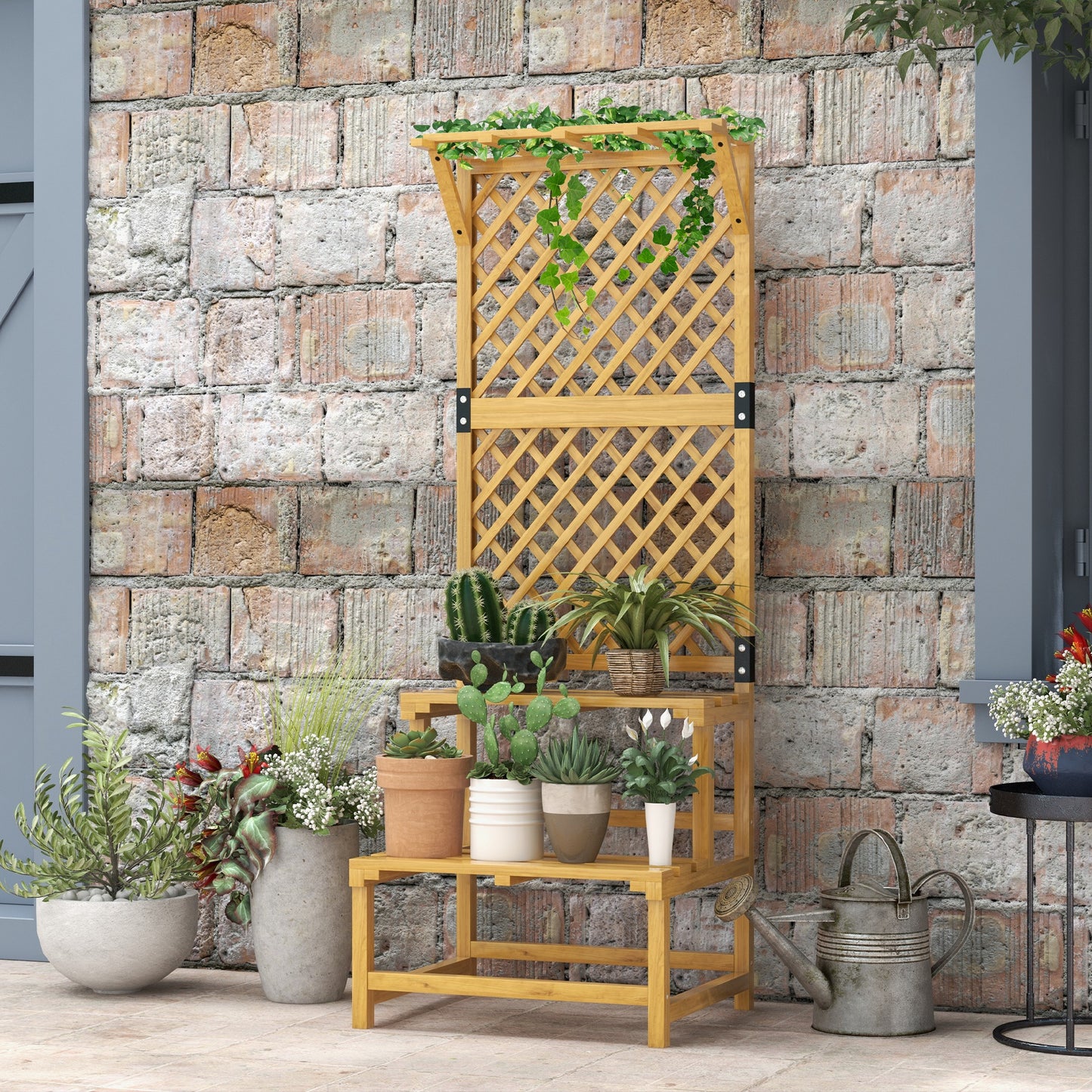 Wooden Plant Stand with Trellis for Climbing Plants, Yellow