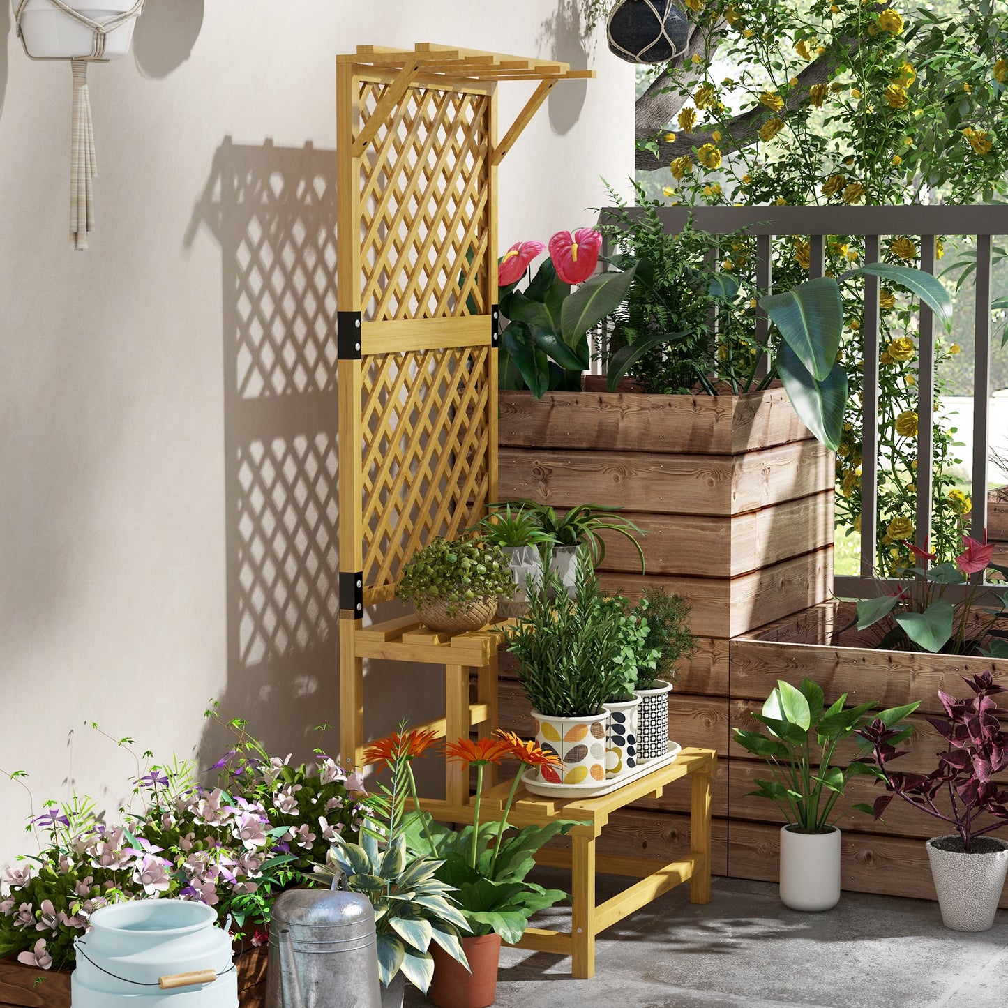 Wooden Plant Stand with Trellis for Climbing Plants, Yellow