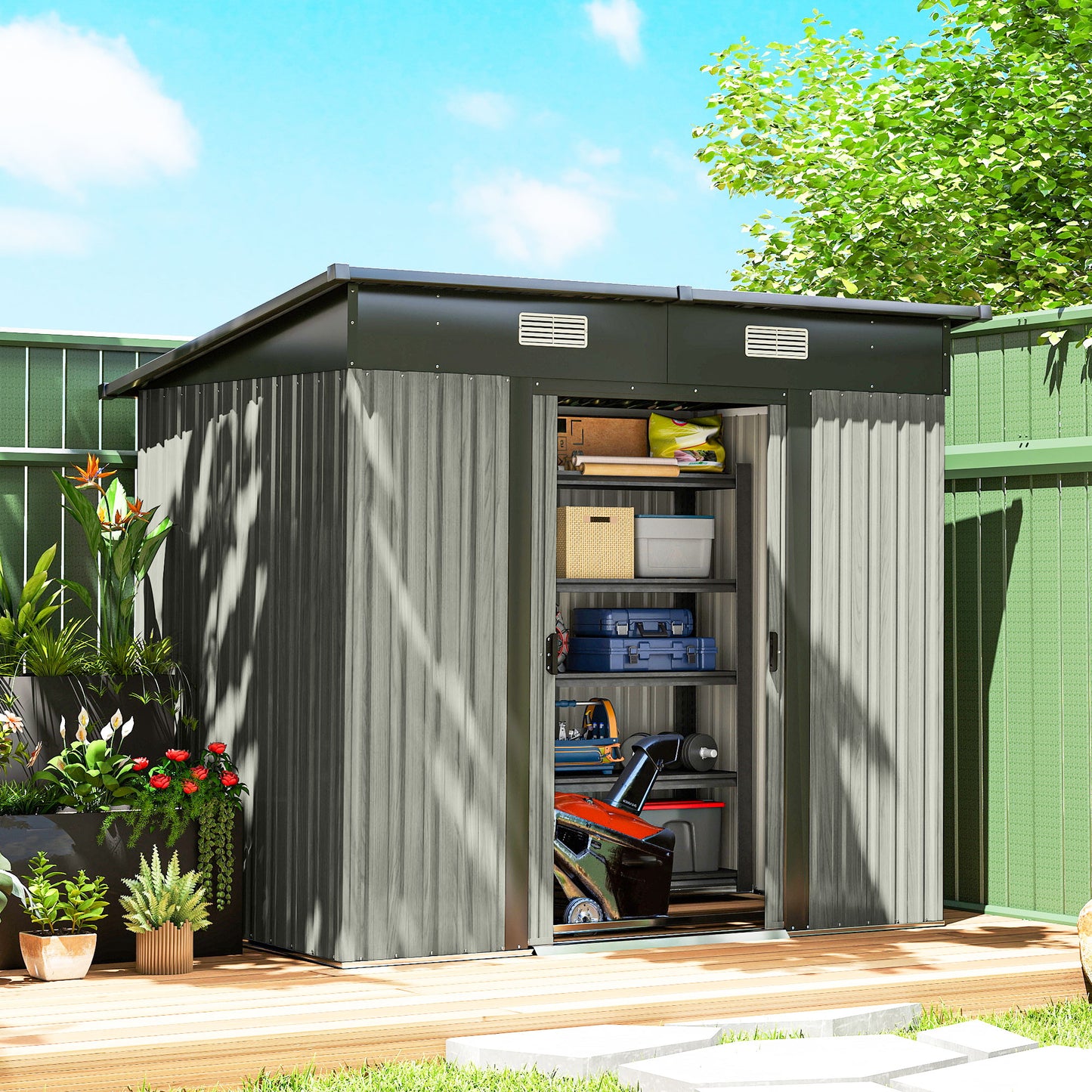7 x 4ft Outdoor Storage Shed with Foundation Kit, Lean to Metal Garden Shed for Log, Rubbish Bin, Tool, Lawnmower, Bike, Patio Use, Light Grey Wood Effect