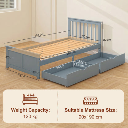 Storage Bed with 2 Drawers, Headboard, Wood Slat Support, Grey