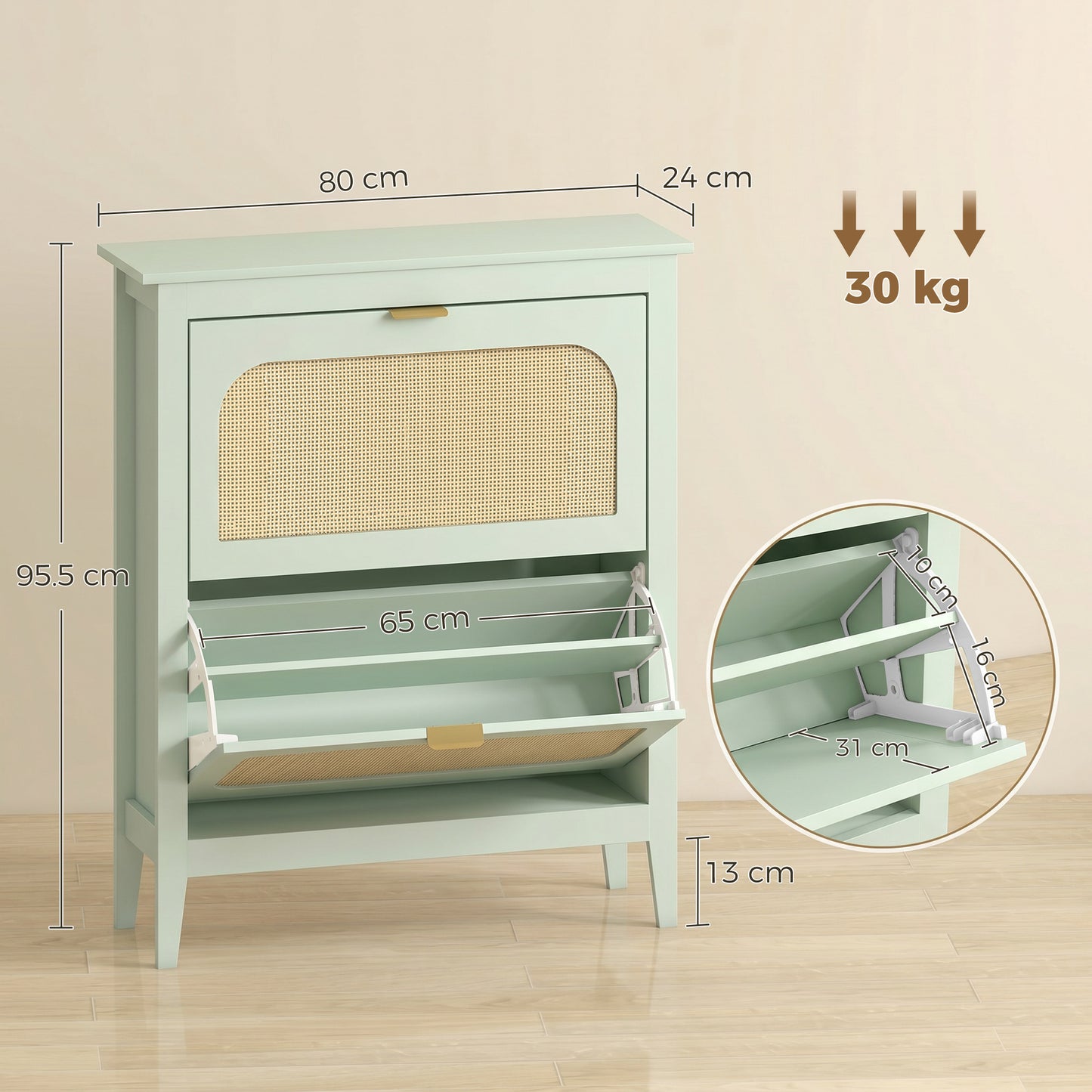 Boho Slim Shoe Cabinet with Rattan Doors, Holds 14 Pairs, Green