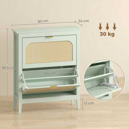 Boho Slim Shoe Cabinet with Rattan Doors, Holds 14 Pairs, Green