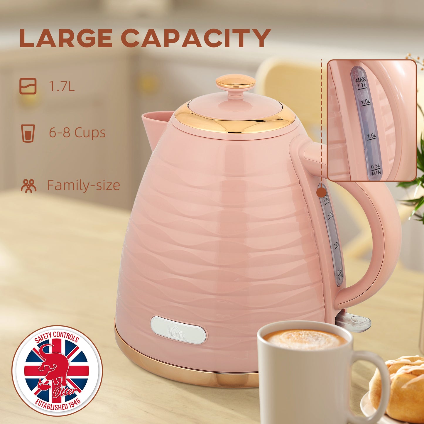 Electric Kettle, Fast Boil, 1.7L, 3kW, Swivel, Pink Ripple