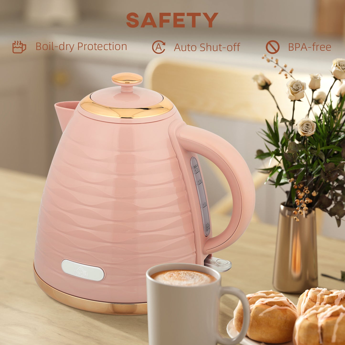 Electric Kettle, Fast Boil, 1.7L, 3kW, Swivel, Pink Ripple