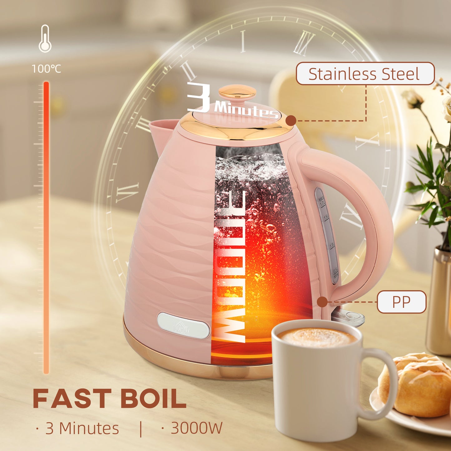 Electric Kettle, Fast Boil, 1.7L, 3kW, Swivel, Pink Ripple