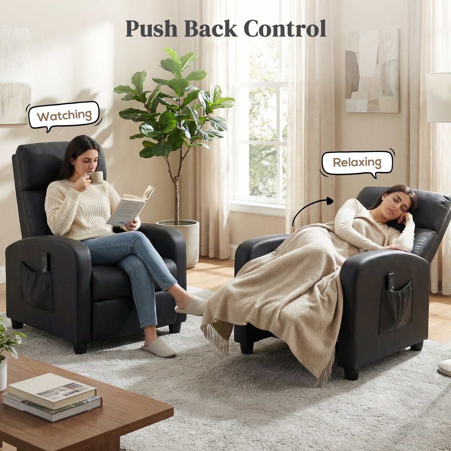 Recliner Sofa Chair PU Leather Massage Armcair w/ Remote Control, Black