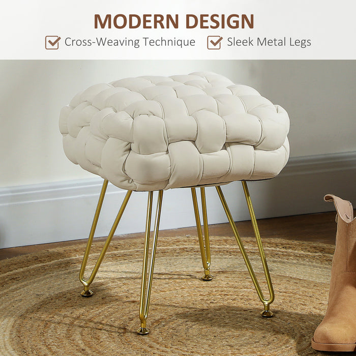 Woven Velvet Foot Stool with Steel Legs for Living Room, Cream White