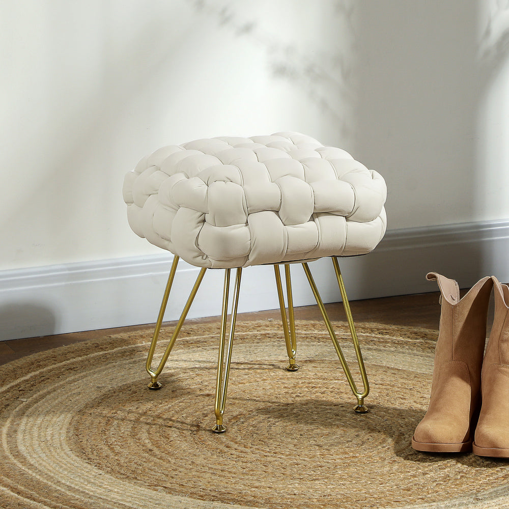 Woven Velvet Foot Stool with Steel Legs for Living Room, Cream White