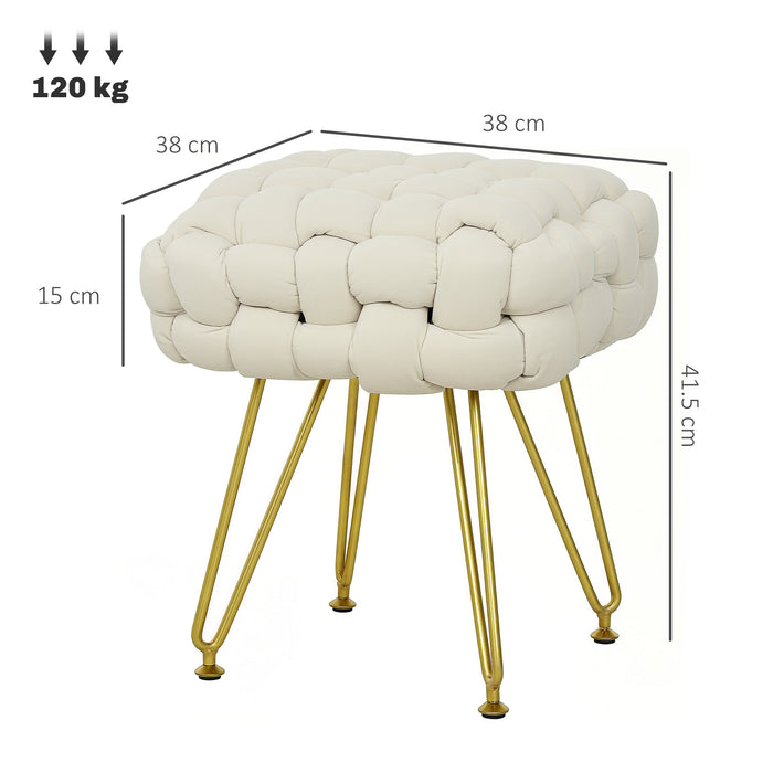 Woven Velvet Foot Stool with Steel Legs for Living Room, Cream White