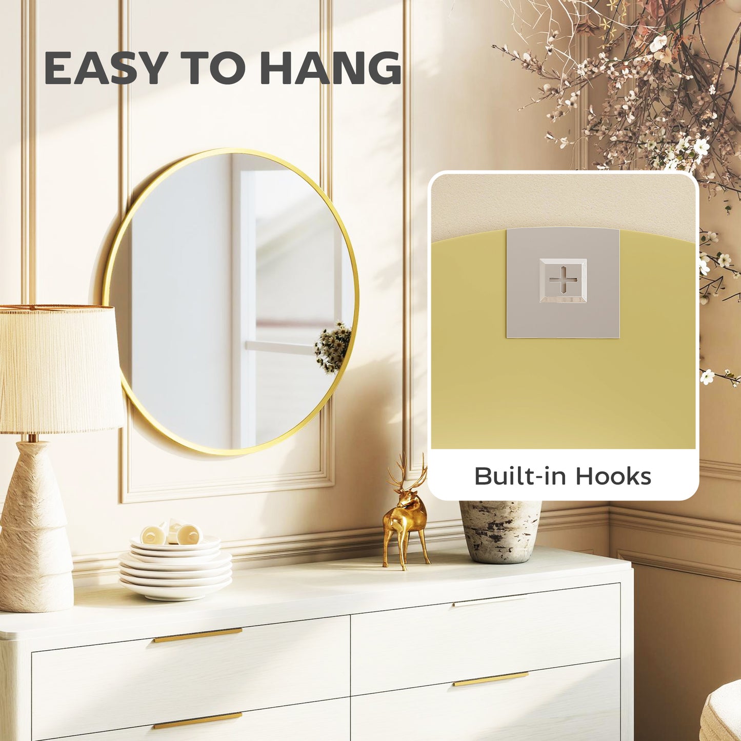 Wall Mirror for Living Room, 61 cm Circle Bathroom Mirror, Gold Tone