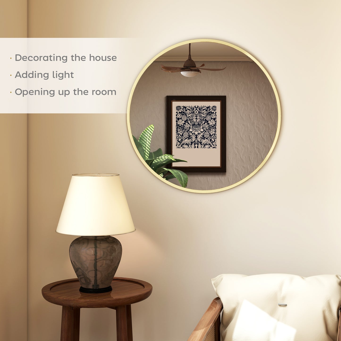Wall Mirror for Living Room, 61 cm Circle Bathroom Mirror, Gold Tone