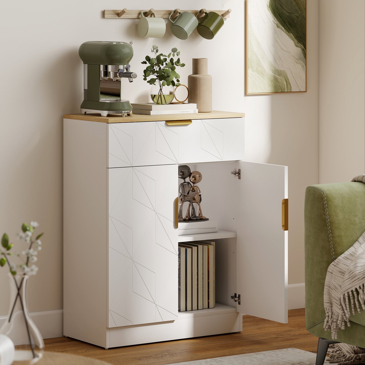 Sideboard Storage Cupboard with Drawer for Living Room Entryway White