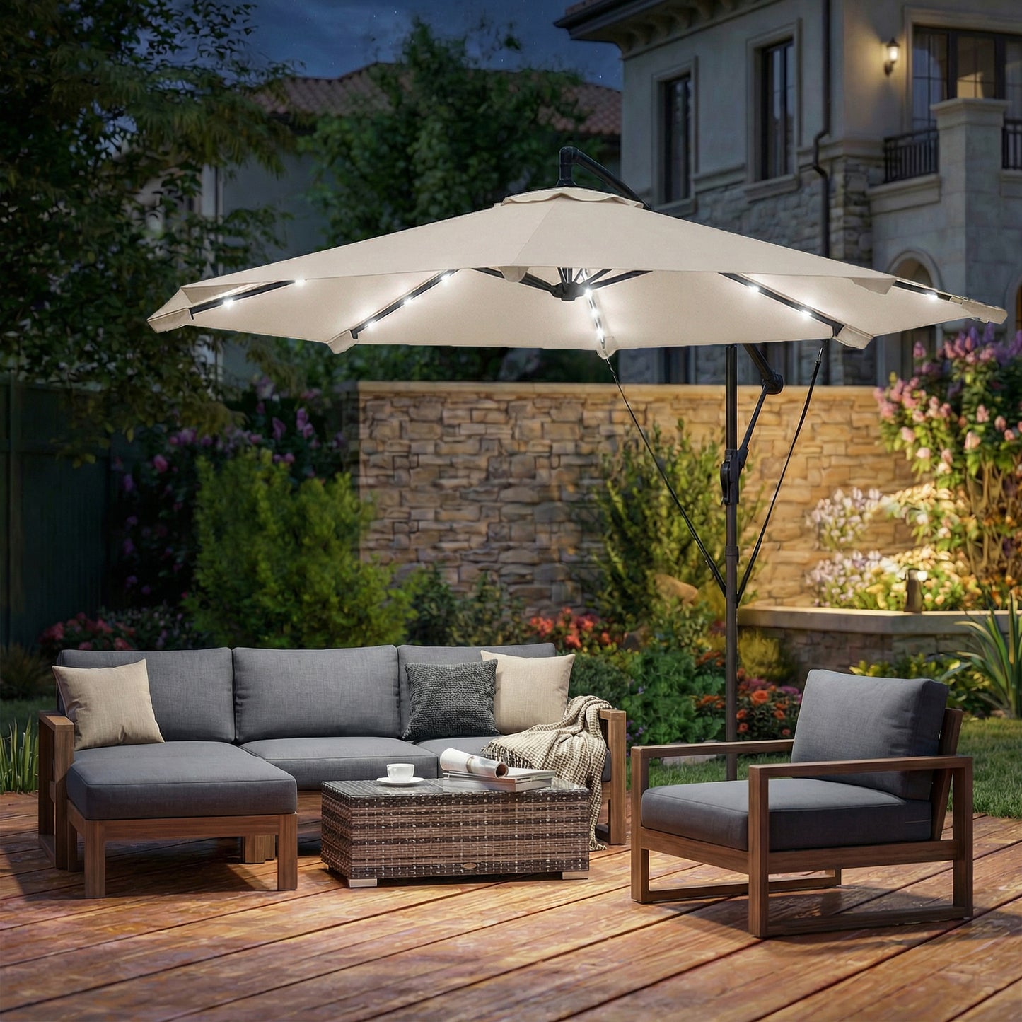 3 m Cantilever Parasol Solar LED Lights, Cream White