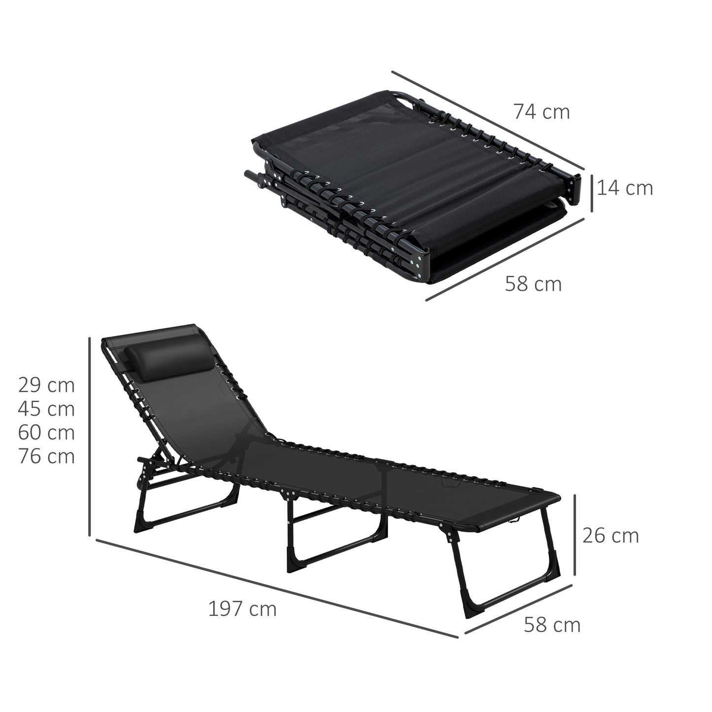 2 Pcs Folding Sun Lounger Beach Chaise Chair Garden Cot Camping Lounger with 4 Position Adjustable Black