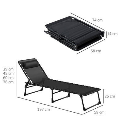 2 Pcs Folding Sun Lounger Beach Chaise Chair Garden Cot Camping Lounger with 4 Position Adjustable Black
