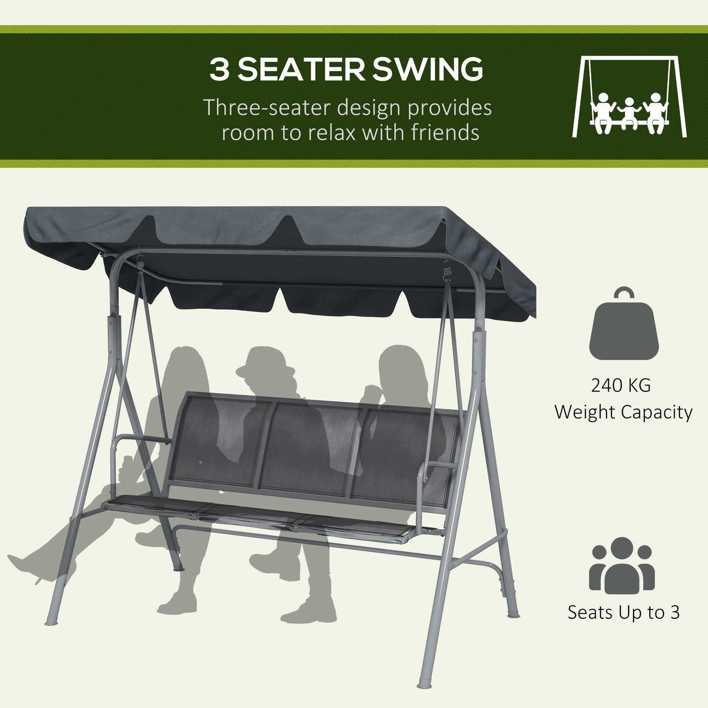 Metal Swing Chair 3 Seater Patio Bench w/ Canopy, Dark Grey