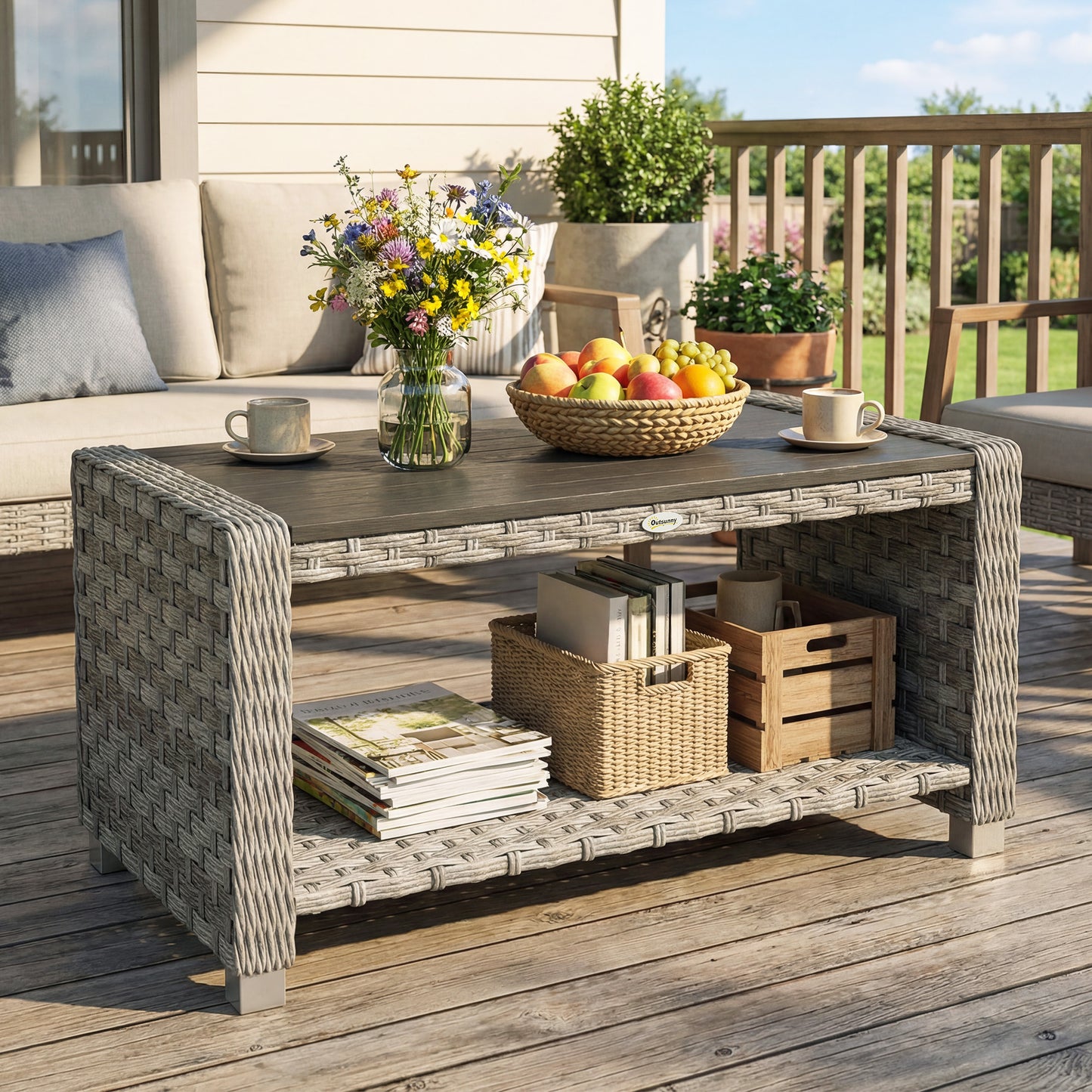 Outdoor Coffee Table with Storage Shelf and Slatted Top, Grey