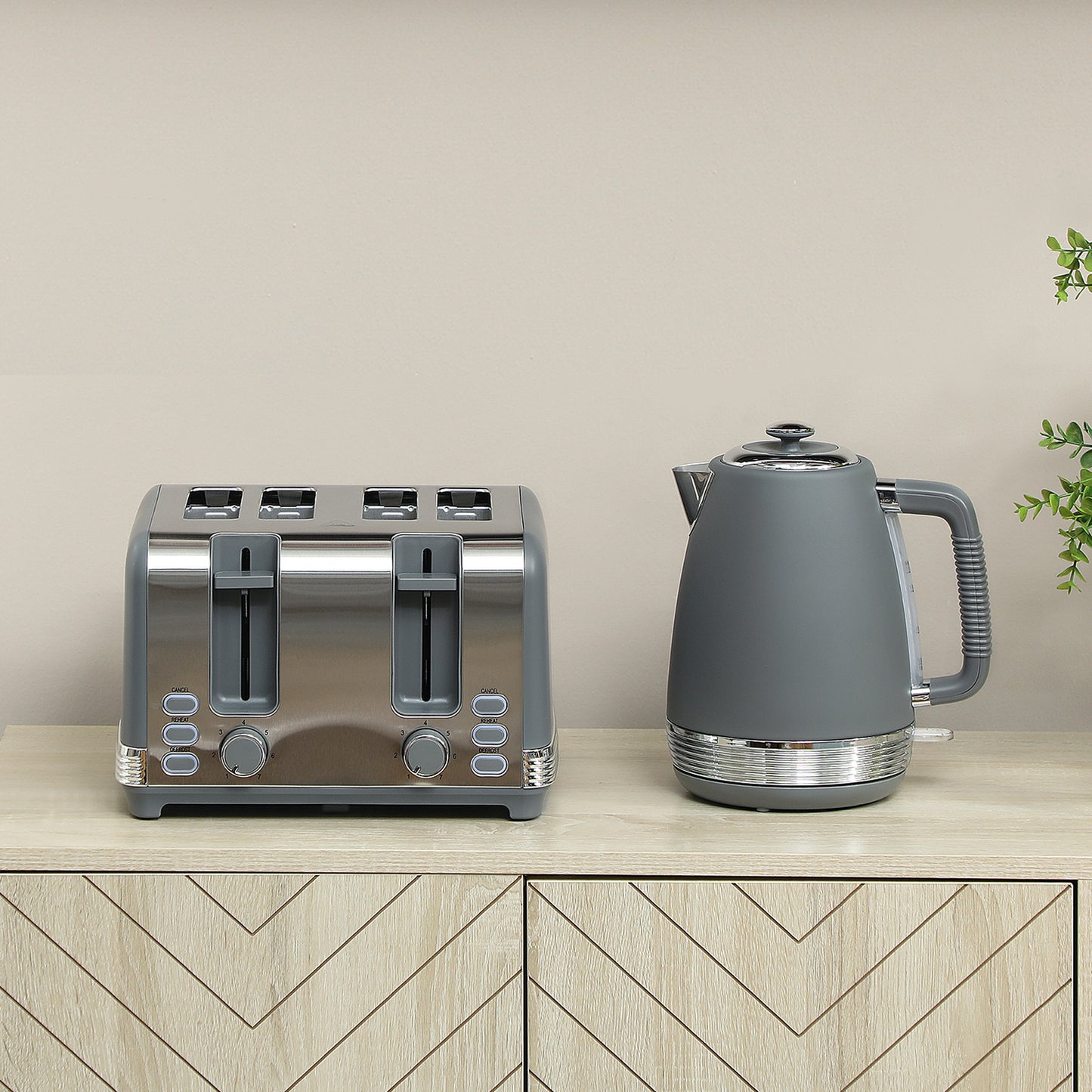 1.7L 3000W Quick Boil Kettle and 4 Slice Toaster Set Crumb Tray Grey