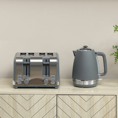1.7L 3000W Quick Boil Kettle and 4 Slice Toaster Set Crumb Tray Grey