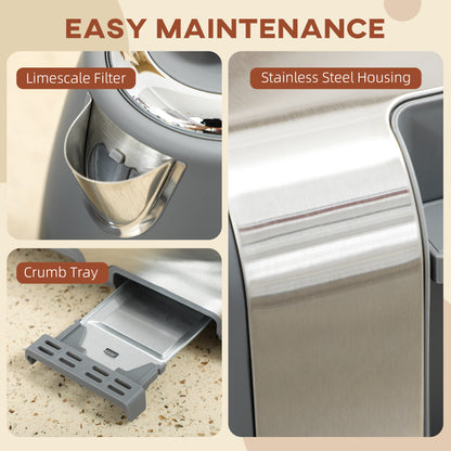 1.7L 3000W Quick Boil Kettle and 4 Slice Toaster Set Crumb Tray Grey