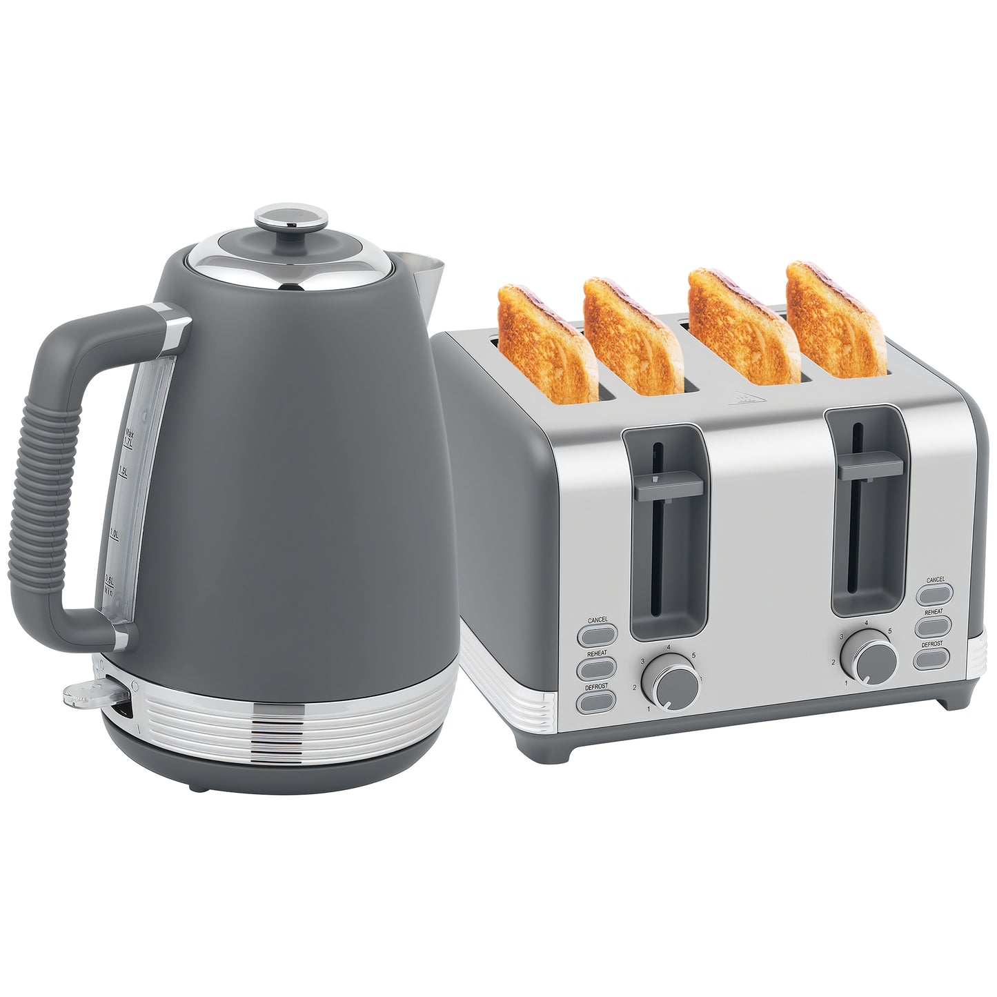 1.7L 3000W Quick Boil Kettle and 4 Slice Toaster Set Crumb Tray Grey
