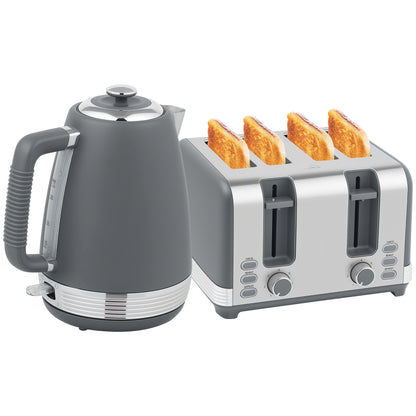 1.7L 3000W Quick Boil Kettle and 4 Slice Toaster Set Crumb Tray Grey