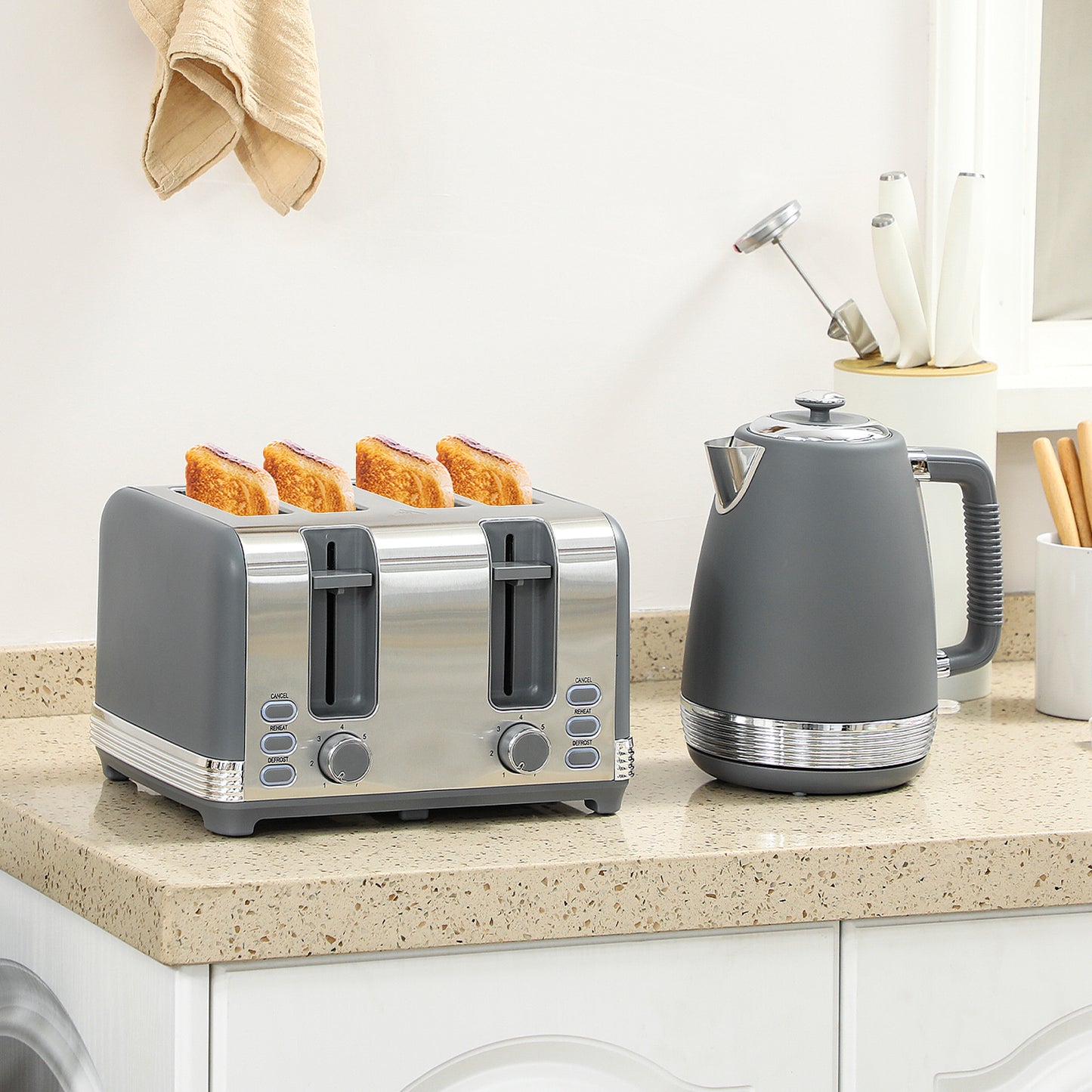 1.7L 3000W Quick Boil Kettle and 4 Slice Toaster Set Crumb Tray Grey