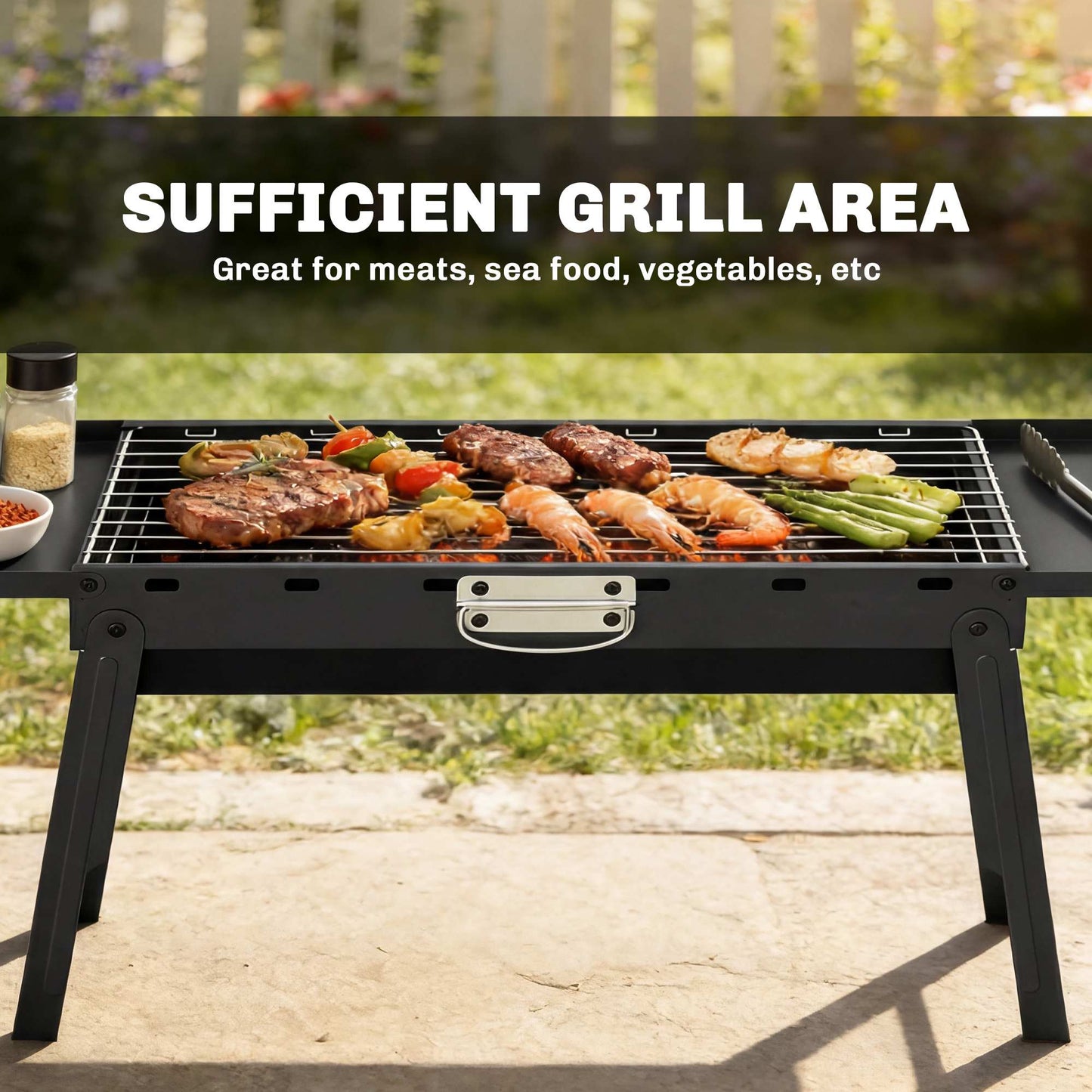 BBQ Grill, Charcoal Barbecue with 2 Side Shelves and Handle, Black