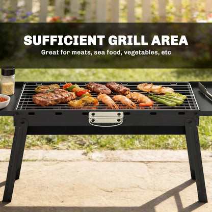 BBQ Grill, Charcoal Barbecue with 2 Side Shelves and Handle, Black
