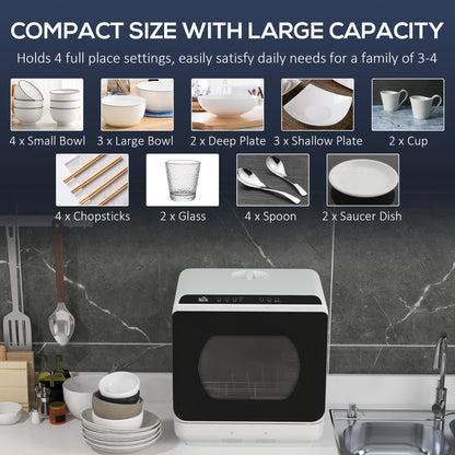 Table Top Dishwasher, Mini Countertop Dishwasher with 4 Place Settings, 6 Programmes, 6L Water Tank, Touch Control, LED Display, Delay Start, Dual Water Supply and Fruit Wash Mode, White