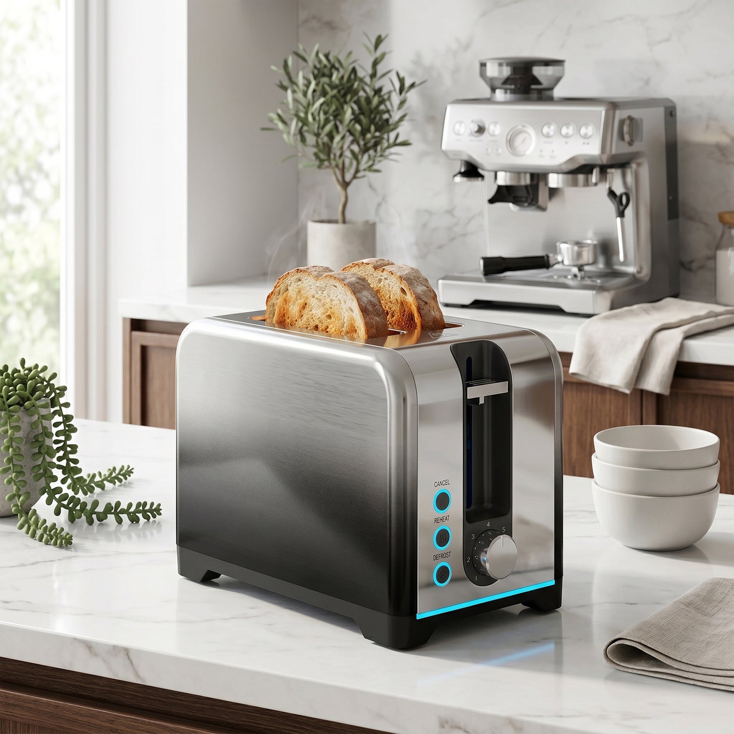 2 Slice Toaster with 7 Browning Levels, Reheat, Defrost and Cancel Functions, Self-Centring Slots, Auto Shut-Off, Removable Crumb Tray, 930W, Black