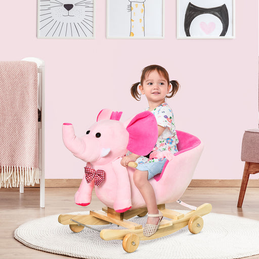 2 In 1 Plush Baby Ride on Rocking Horse Elephant Rocker with Wheels Wooden Toy for Kids 32 Songs (Pink)