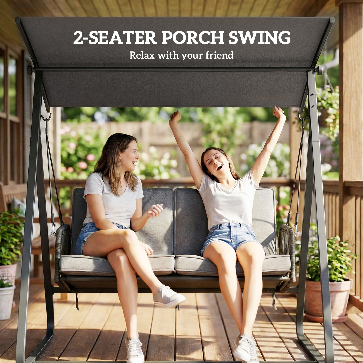 2-Seater Rattan Swing Chair, Outdoor Garden Hanging Swing Seat