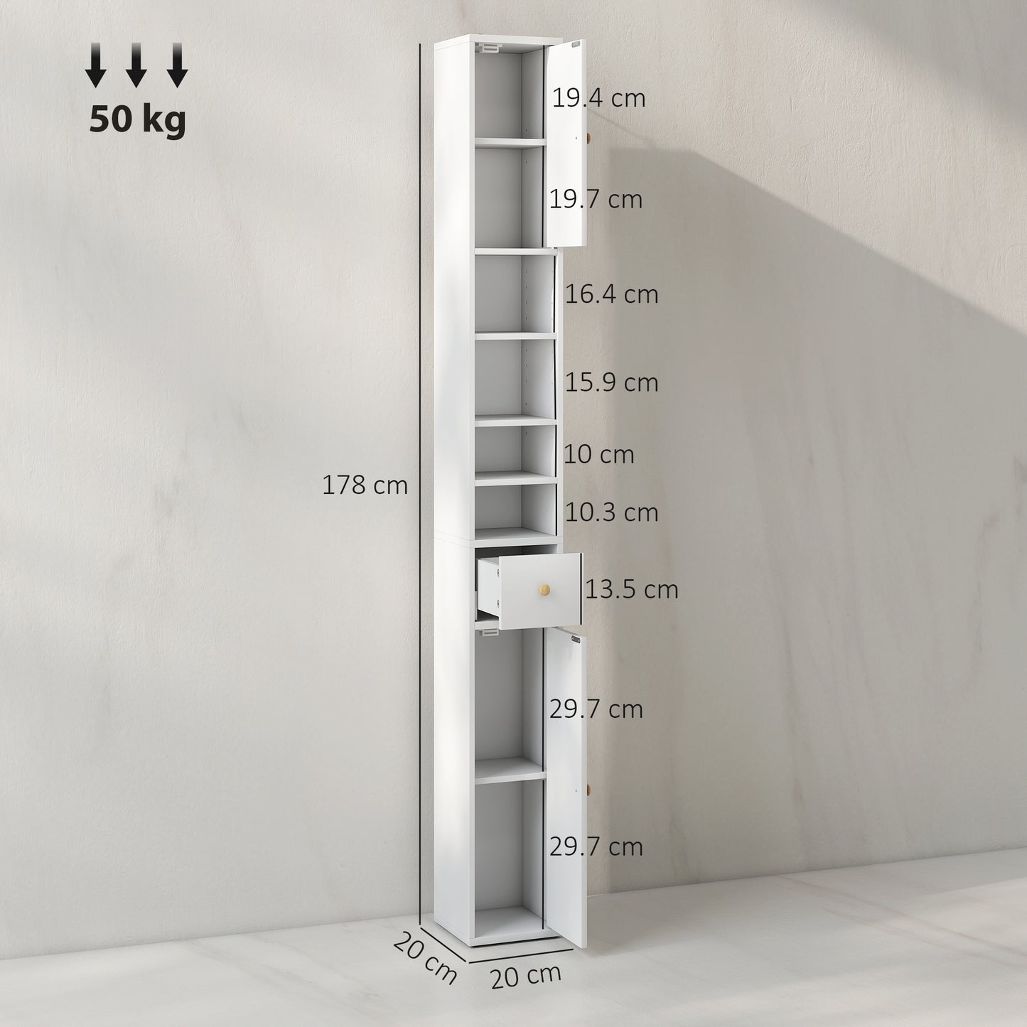 Tall Bathroom Cabinet with Drawer and Adjustable Shelves, White