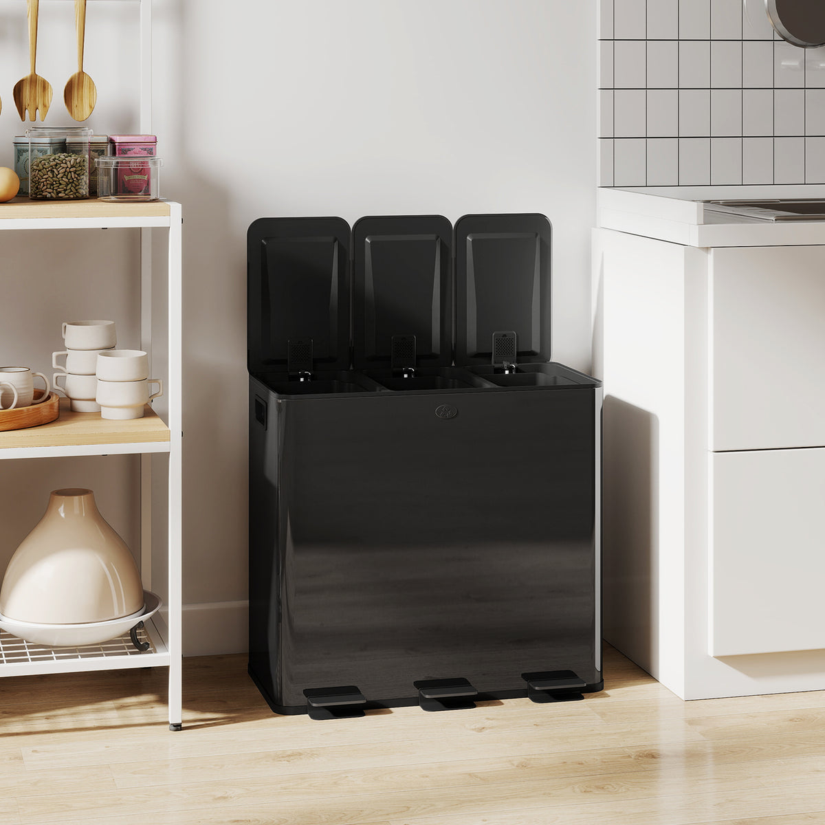 3 x 20L Triple Kitchen Bin Pedal Bin for Recycling and Waste, Black
