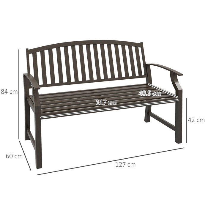 Garden Bench, Outdoor Metal Bench with Slatted Seat and Backrest, Curved Armrest, for Conservatory, Garden, Poolside, Deck, Brown