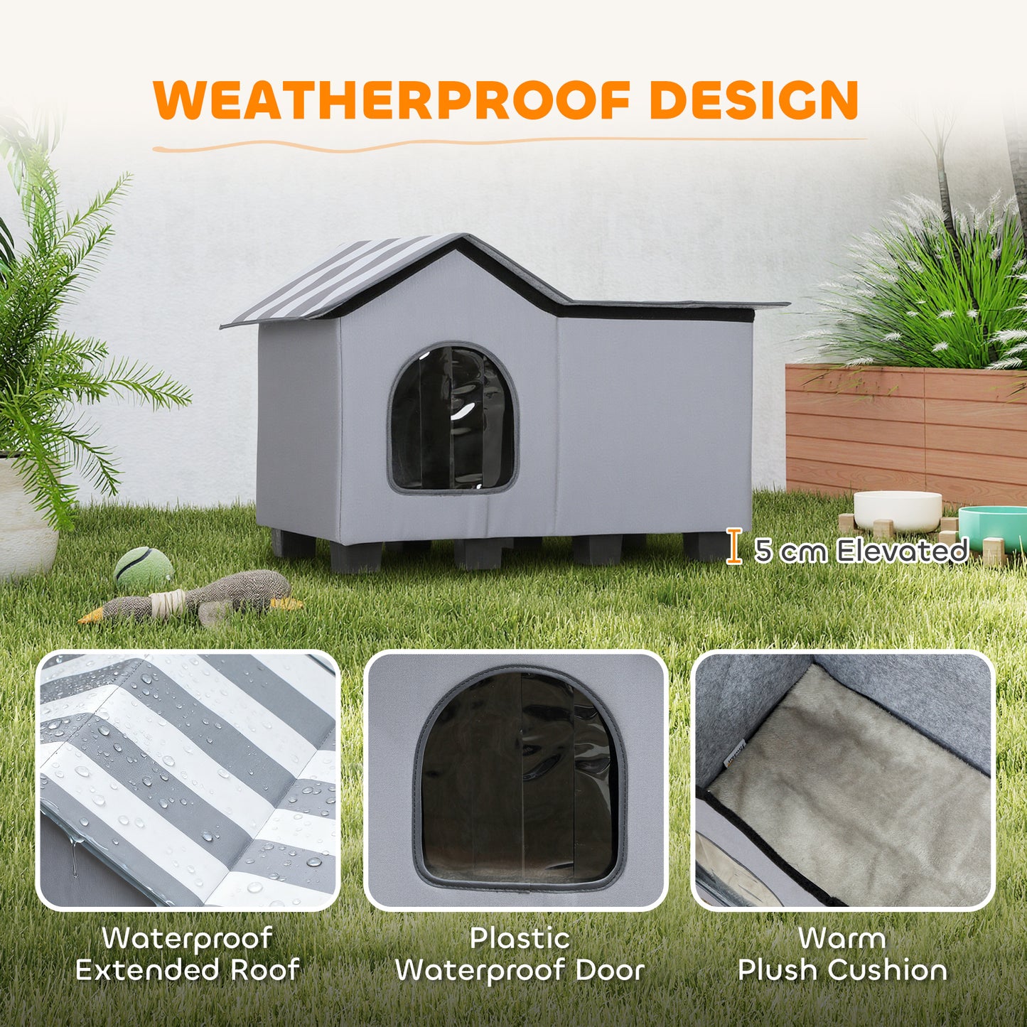Outdoor Cat House, Weatherproof Feral Cat Cave with Elevated Base and Cushion for Winter, Pet House with Top Platform for Indoor Outdoor, Grey
