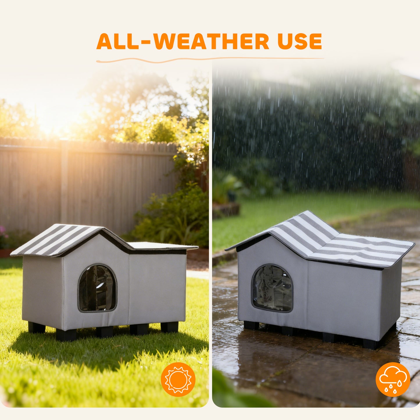 Outdoor Cat House, Weatherproof Feral Cat Cave with Elevated Base and Cushion for Winter, Pet House with Top Platform for Indoor Outdoor, Grey