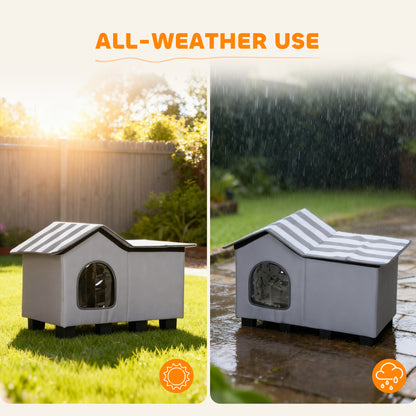 Outdoor Cat House, Weatherproof Feral Cat Cave with Elevated Base and Cushion for Winter, Pet House with Top Platform for Indoor Outdoor, Grey