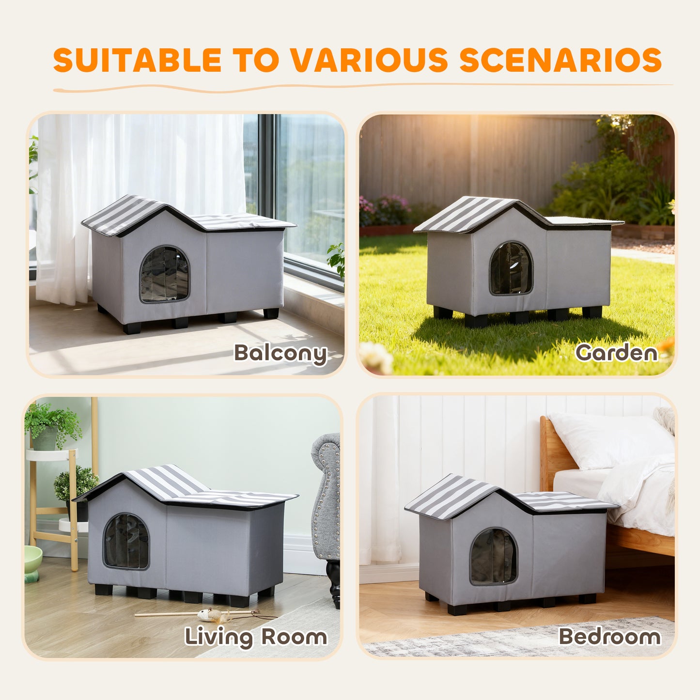 Outdoor Cat House, Weatherproof Feral Cat Cave with Elevated Base and Cushion for Winter, Pet House with Top Platform for Indoor Outdoor, Grey