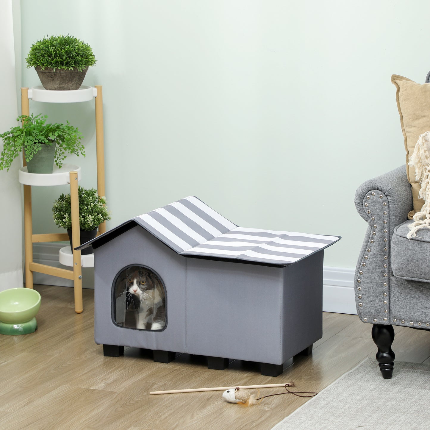Outdoor Cat House, Weatherproof Feral Cat Cave with Elevated Base and Cushion for Winter, Pet House with Top Platform for Indoor Outdoor, Grey