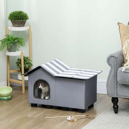 Outdoor Cat House, Weatherproof Feral Cat Cave with Elevated Base and Cushion for Winter, Pet House with Top Platform for Indoor Outdoor, Grey