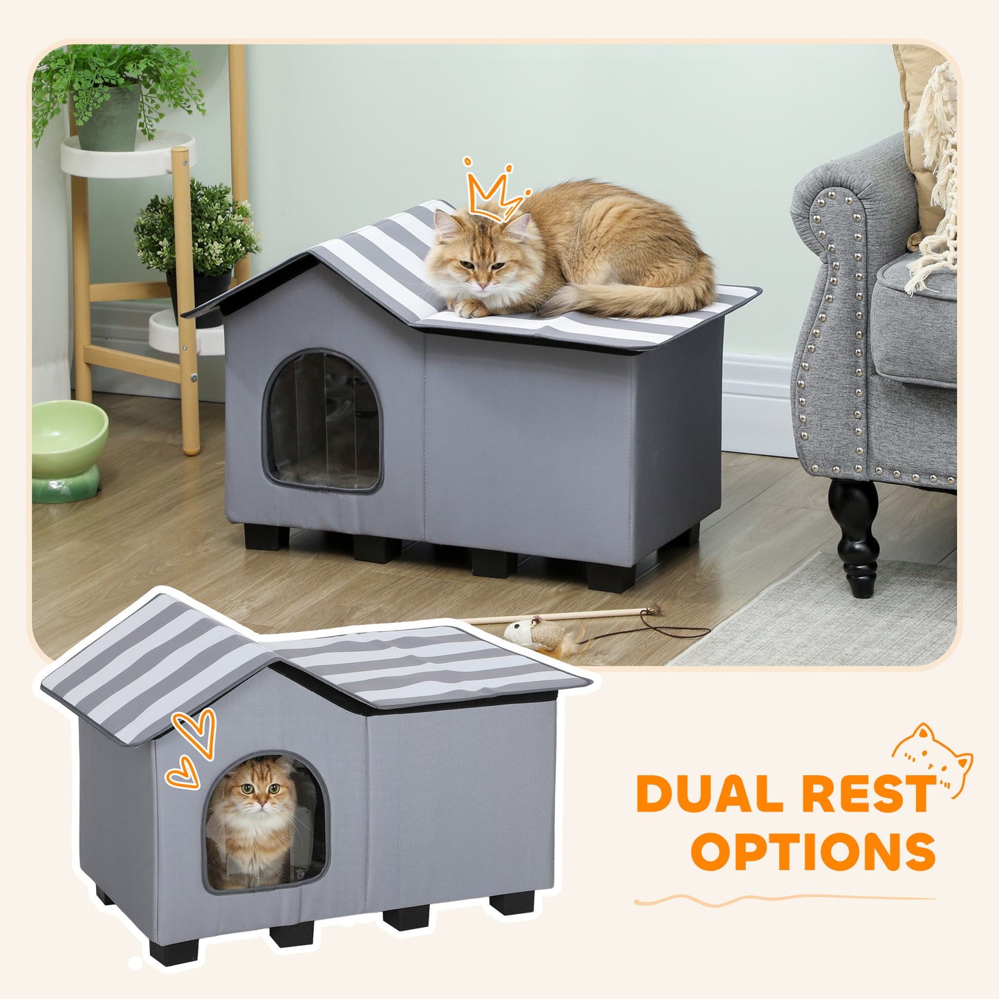 Outdoor Cat House, Weatherproof Feral Cat Cave with Elevated Base and Cushion for Winter, Pet House with Top Platform for Indoor Outdoor, Grey