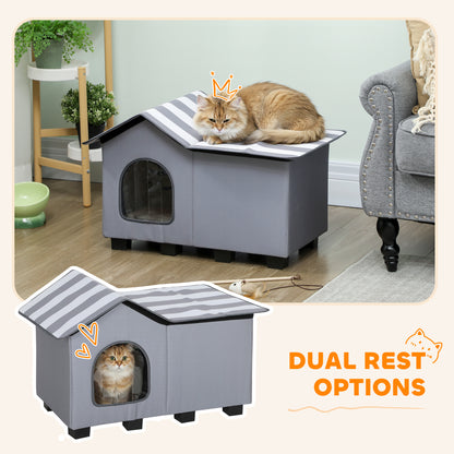Outdoor Cat House, Weatherproof Feral Cat Cave with Elevated Base and Cushion for Winter, Pet House with Top Platform for Indoor Outdoor, Grey