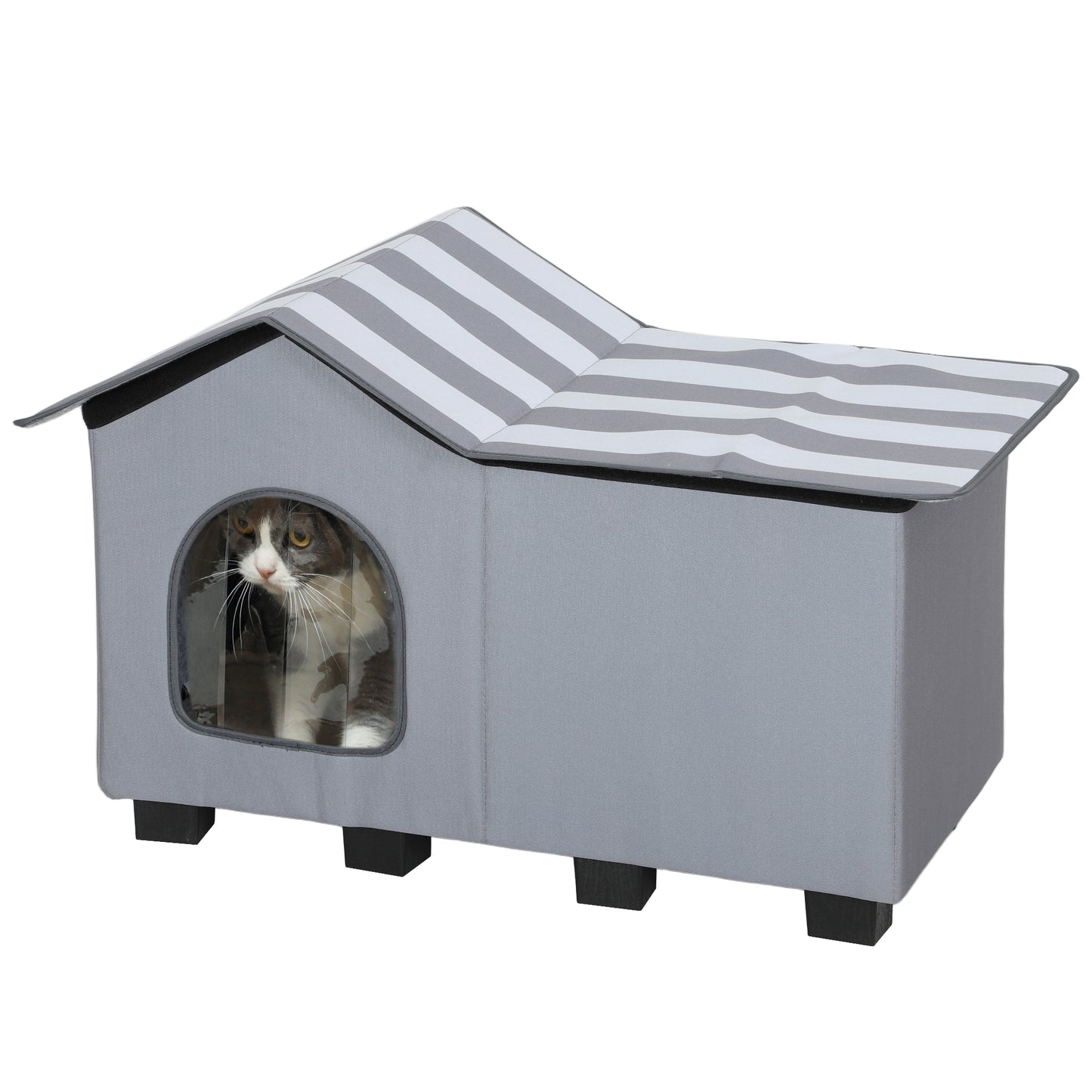 Outdoor Cat House, Weatherproof Feral Cat Cave with Elevated Base and Cushion for Winter, Pet House with Top Platform for Indoor Outdoor, Grey