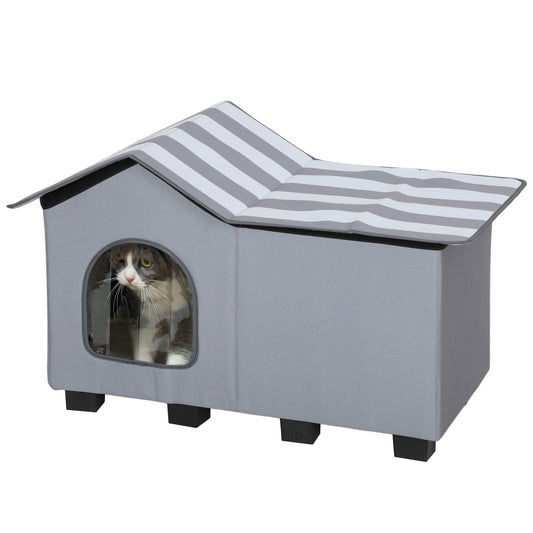 Outdoor Cat House, Weatherproof Feral Cat Cave with Elevated Base and Cushion for Winter, Pet House with Top Platform for Indoor Outdoor, Grey