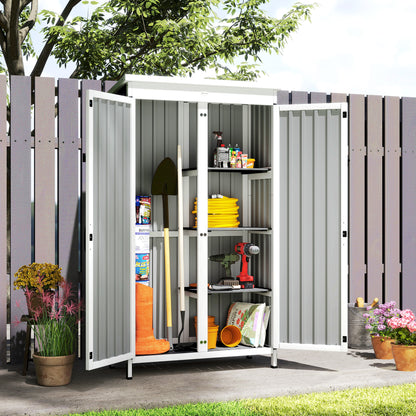 Garden Shed, Small Garden Storage Shed with 3 Removable Shelves and Double Doors, Fir Wood and Steel Tool Storage Cabinet for Tools, Equipment, White and Black